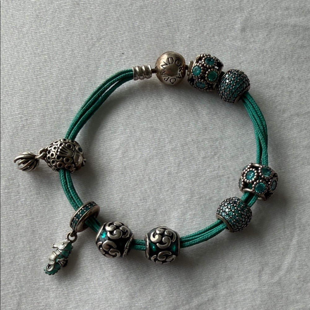 Authentic Pandora Silver and Teal Charm Bracelet with 8 charms